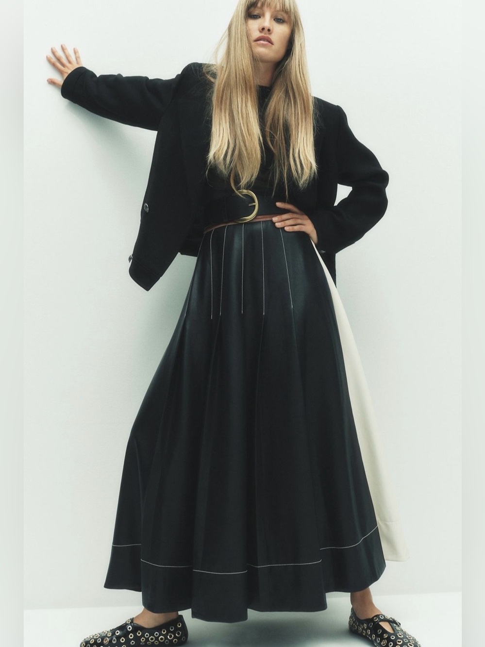 By Anthropologie Faux-Leather Colorblock Pleated Maxi Skirt